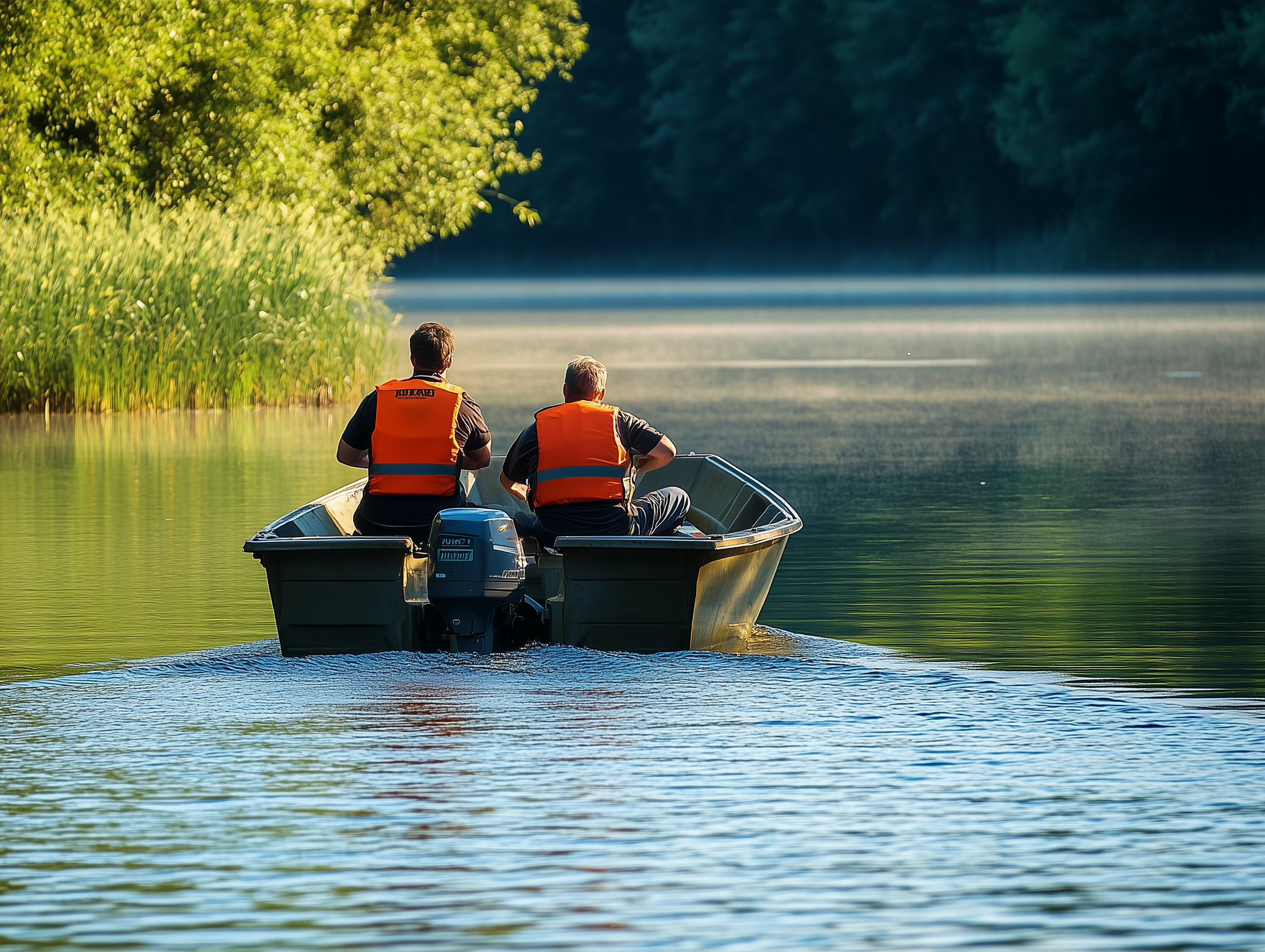 Stereoai photo in nature two men with safety vest on motorboat 01ff3154 73cf 4f3d a0ae 0769e5d2ca2b